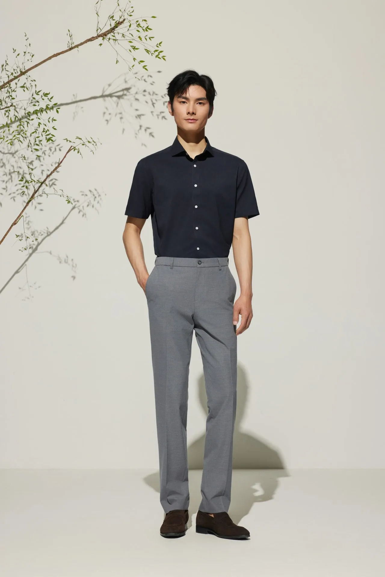 Multi-Way Stretch Smart Fit Plain Weave Suit Pants with Elastic Waist Band