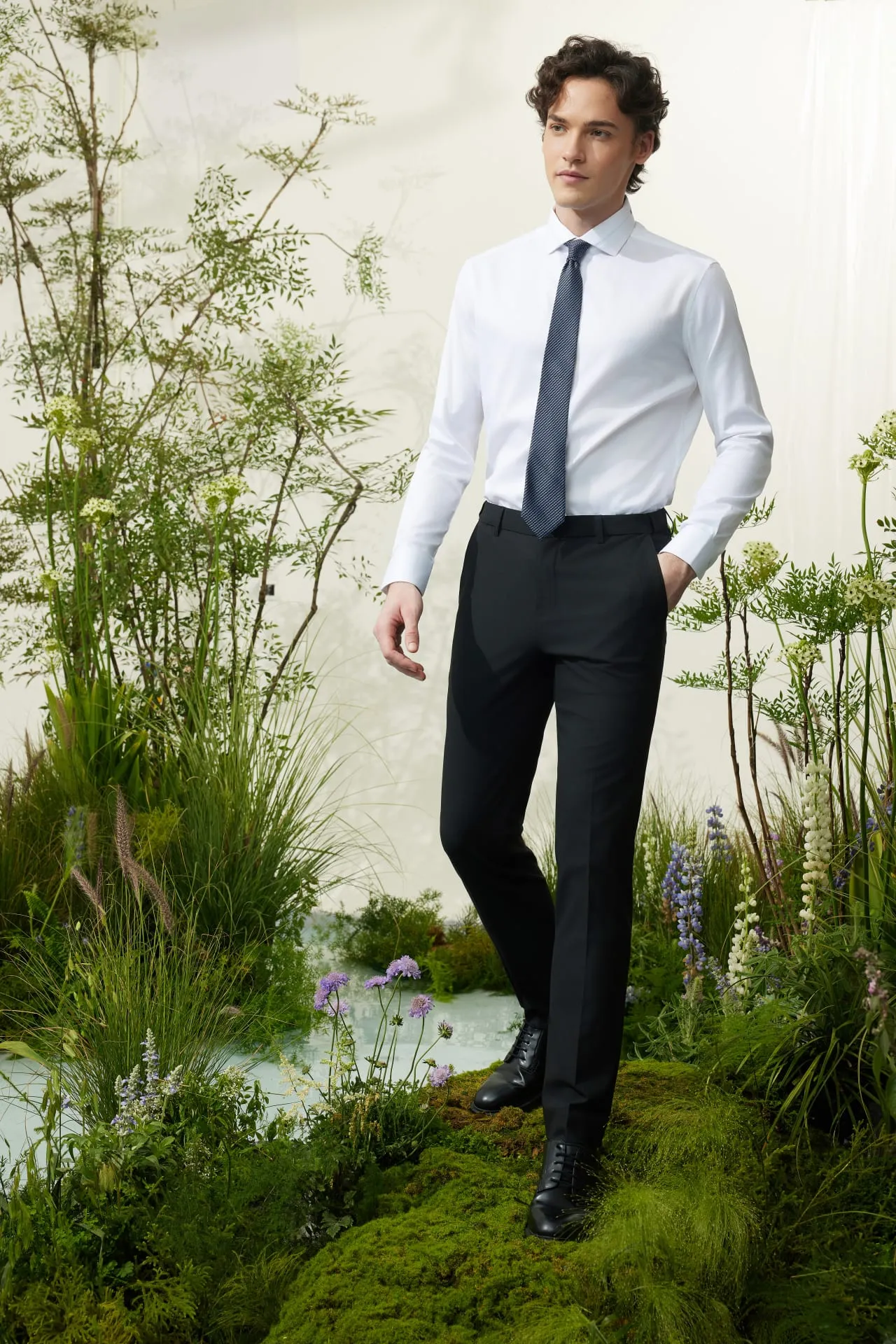 Multi-Way Stretch Smart Fit Plain Weave Suit Pants with Elastic Waist Band