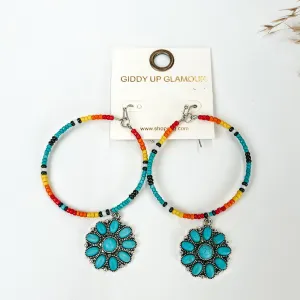 Multicolored Seed Beaded Circle drop Earrings with Turquoise Cluster Pendant