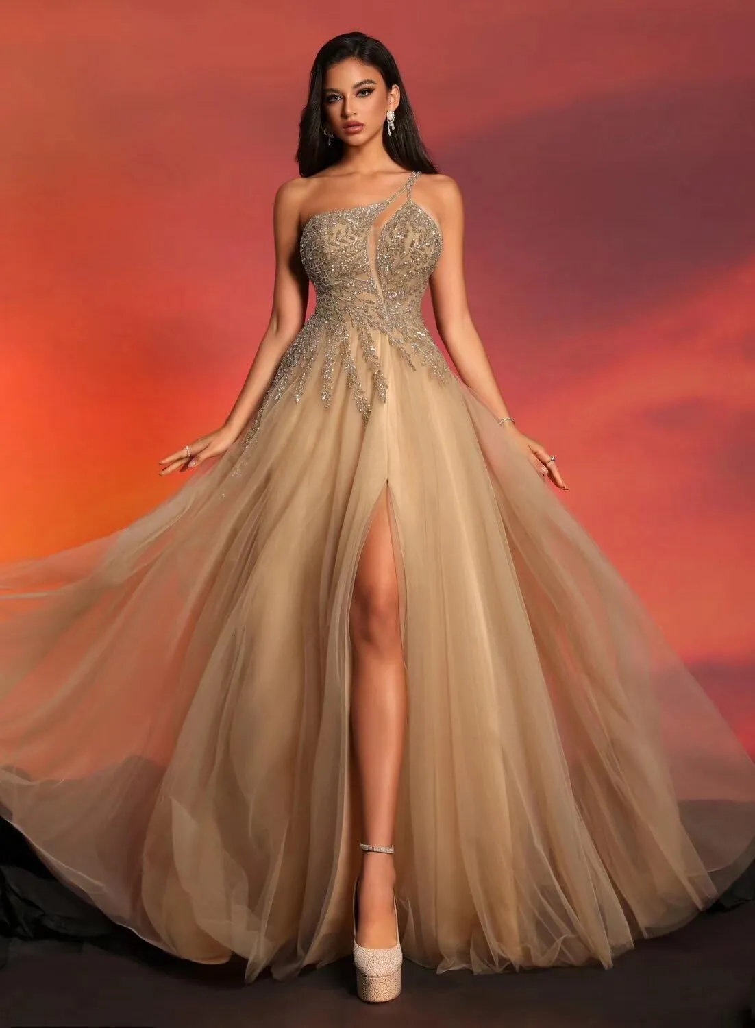 MYDRESS Beading Tulle Prom Dresses 2025 with Pockets Spaghetti Strap Formal Evening Dresses with Slit