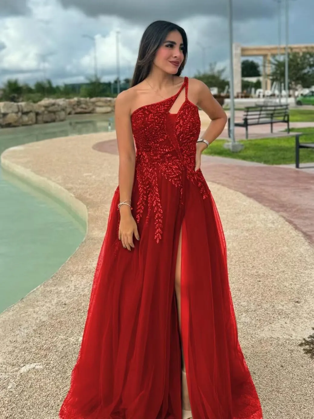 MYDRESS Beading Tulle Prom Dresses 2025 with Pockets Spaghetti Strap Formal Evening Dresses with Slit
