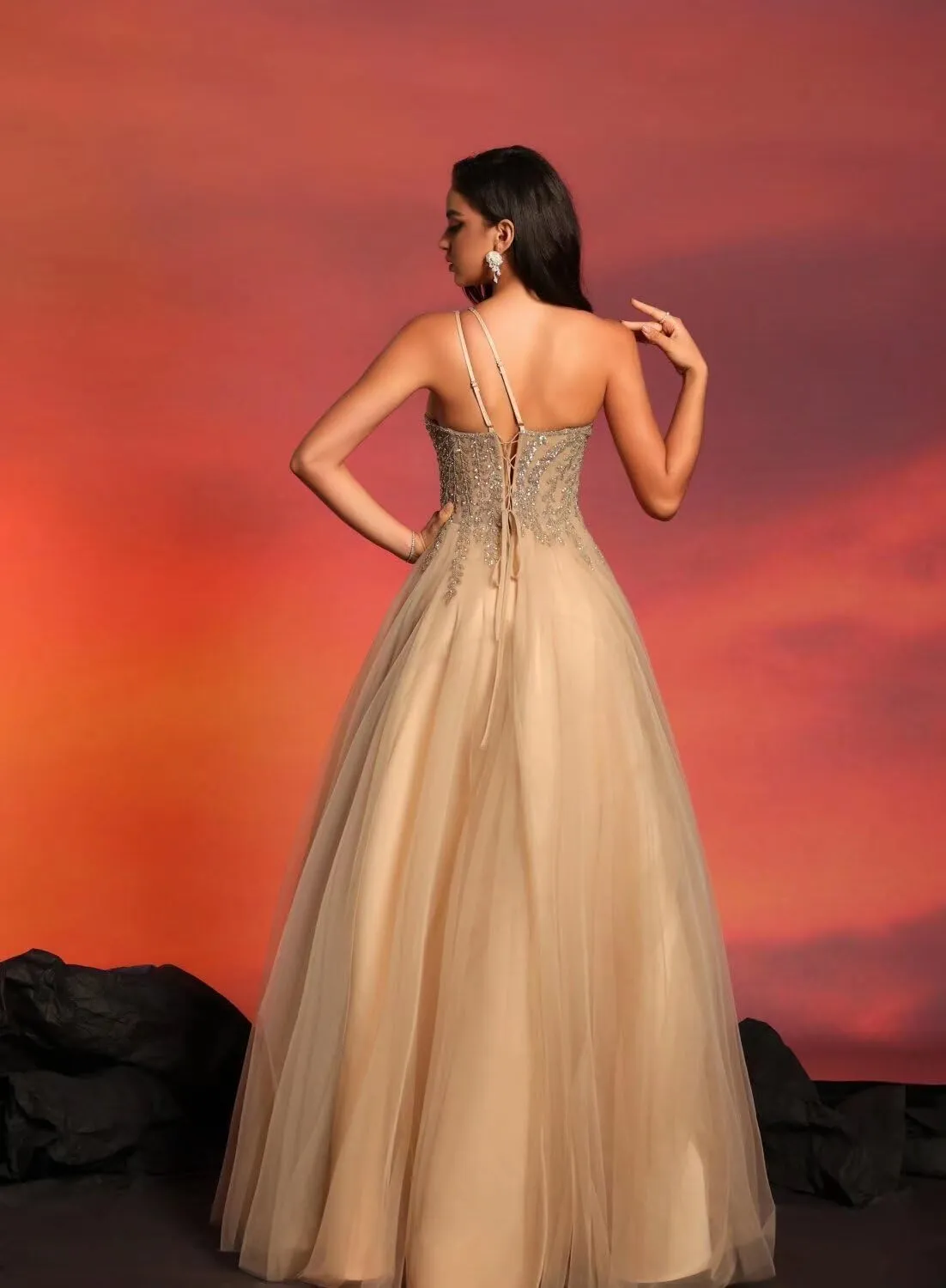 MYDRESS Beading Tulle Prom Dresses 2025 with Pockets Spaghetti Strap Formal Evening Dresses with Slit