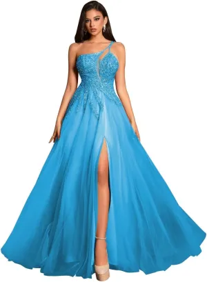 MYDRESS Beading Tulle Prom Dresses 2025 with Pockets Spaghetti Strap Formal Evening Dresses with Slit