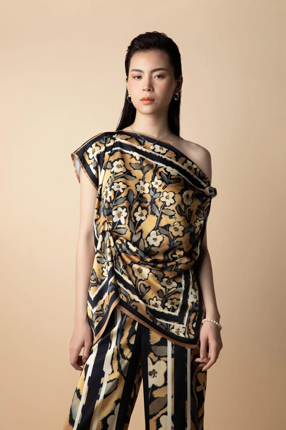 Nelly Asymmetric Twisted Latin Silk Top