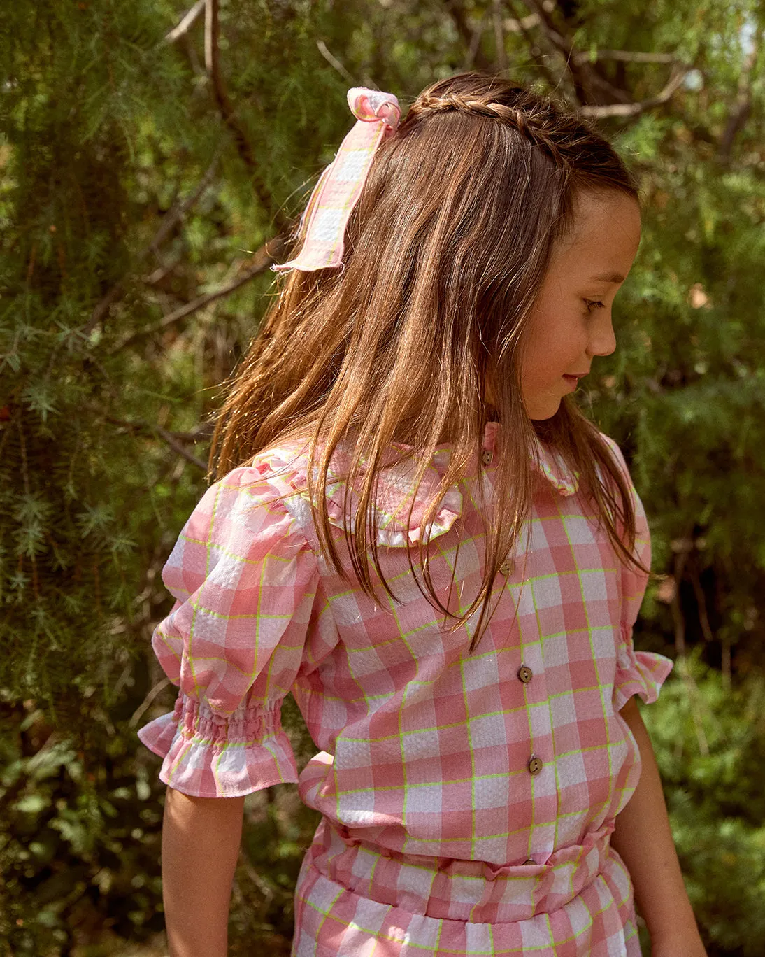 Nina Pink Check Puff Sleeve Blouse