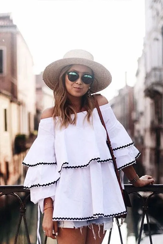 Off Shoulder Ruffles Long Sleeves Long Trumpet Sleeves Blouse