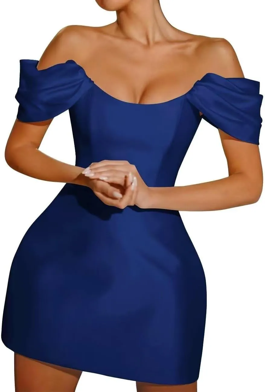 Off Shoulder Short Wedding Dress for Bride A-Line Strapless Satin Prom Homecoming Dresses for Teens Mini Bridal Gowns