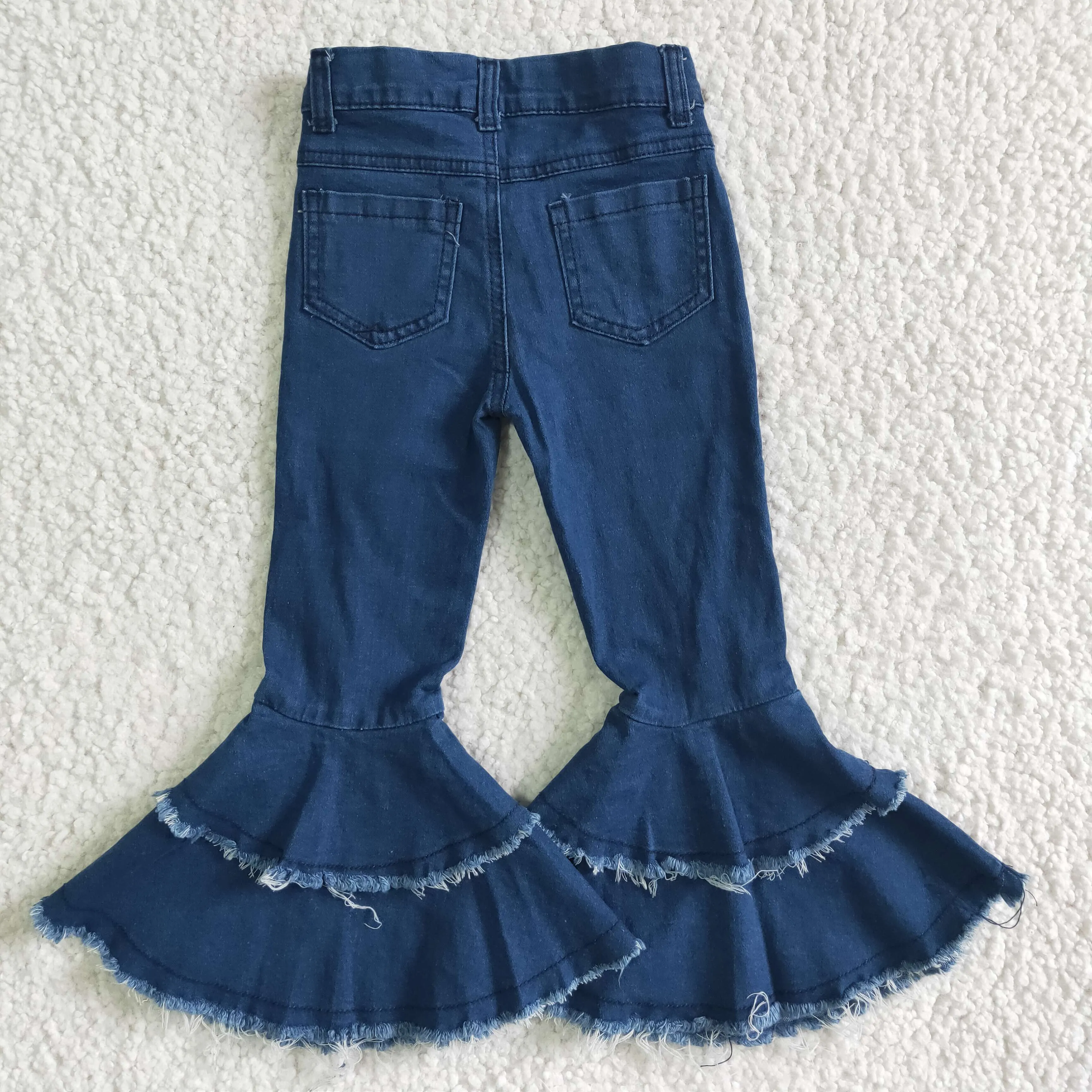 P0003 RTS blue bleach double ruffles button jeans denim pants 0622