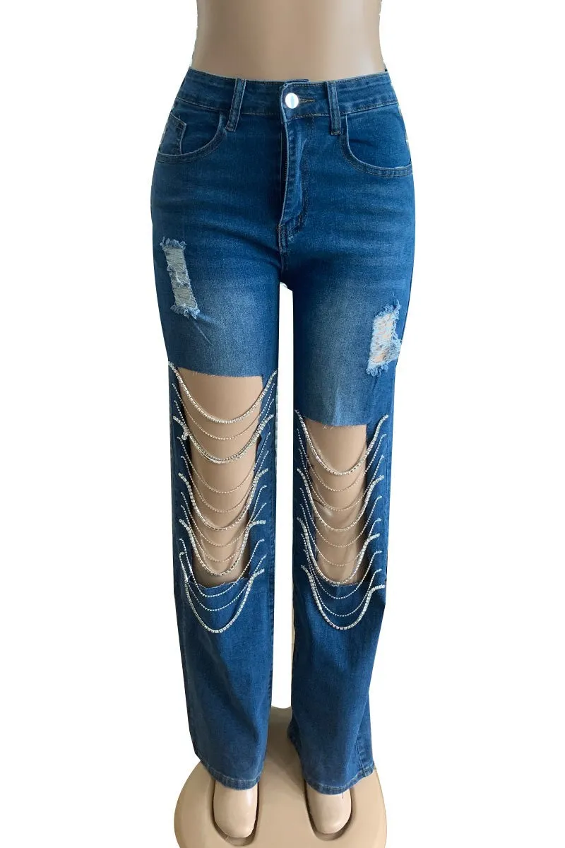 PC026 Rhinestone Fringes Jeans