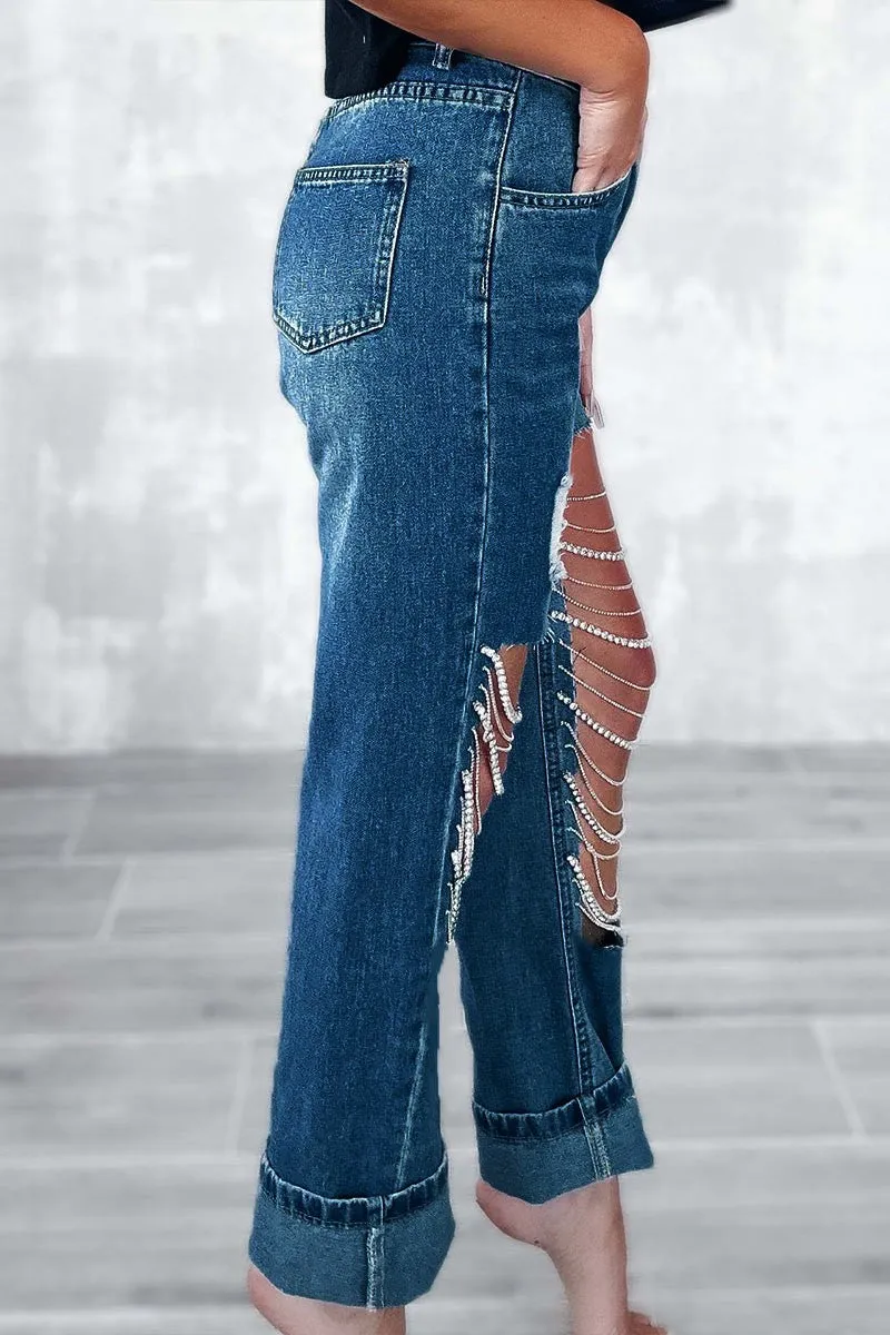 PC026 Rhinestone Fringes Jeans