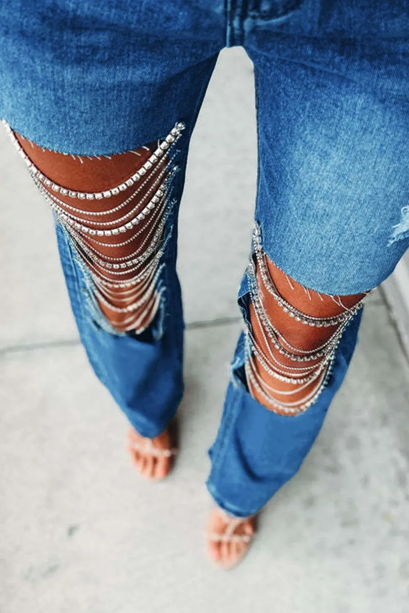 PC026 Rhinestone Fringes Jeans