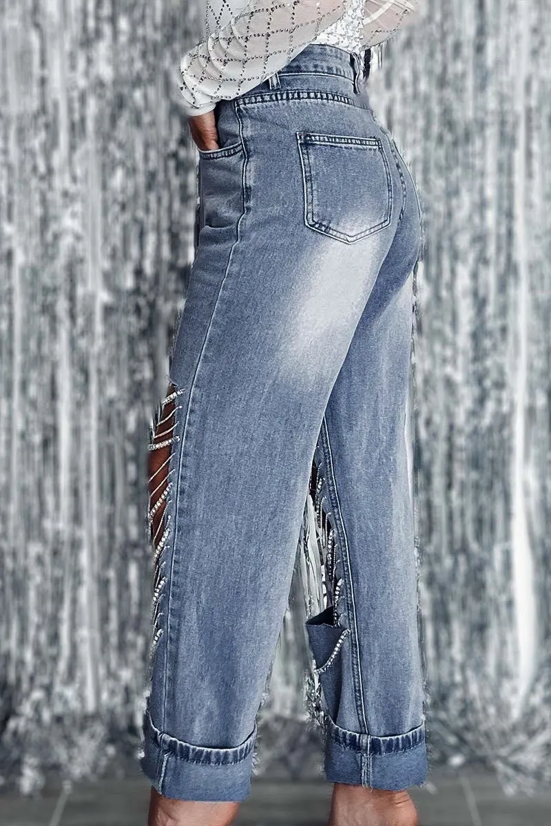 PC026 Rhinestone Fringes Jeans