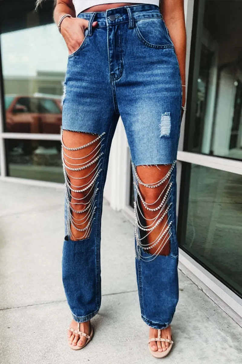 PC026 Rhinestone Fringes Jeans