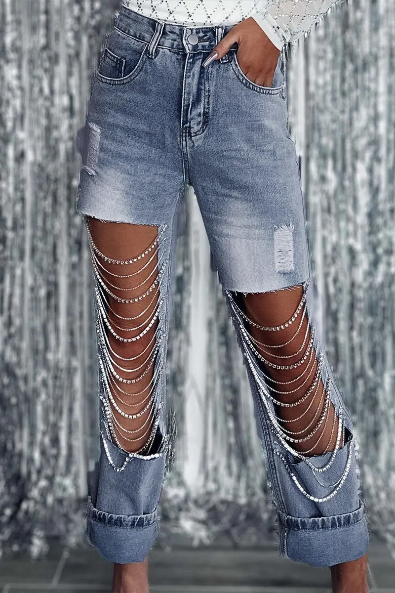 PC026 Rhinestone Fringes Jeans