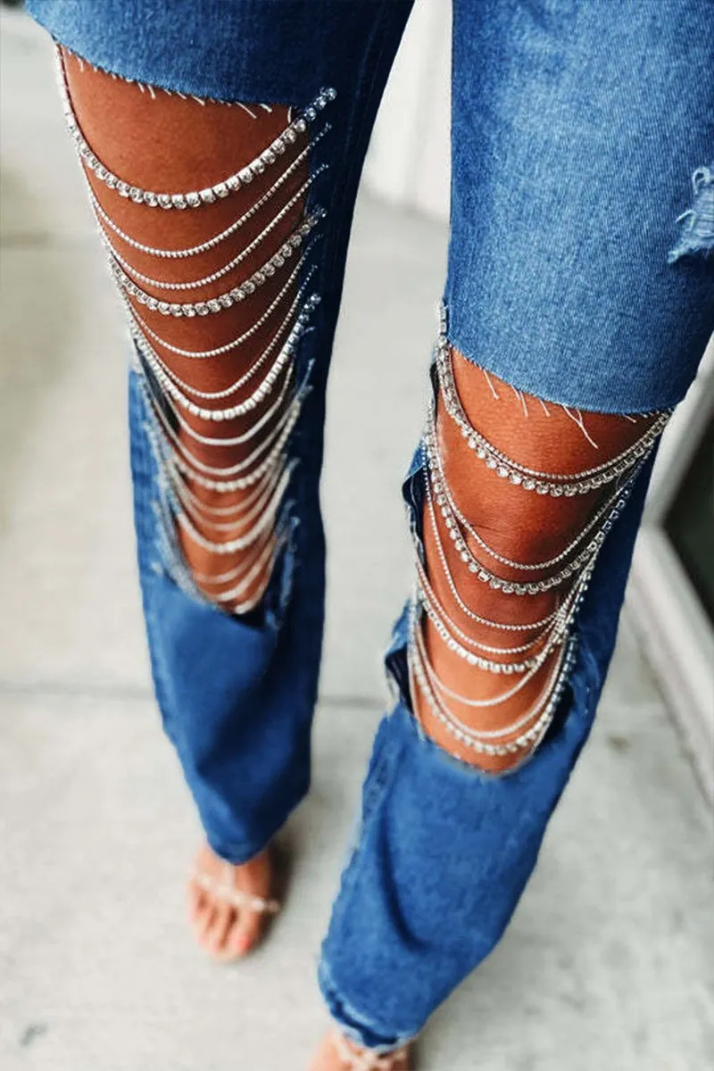 PC026 Rhinestone Fringes Jeans