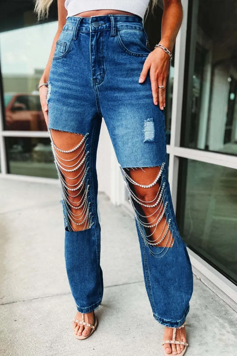 PC026 Rhinestone Fringes Jeans