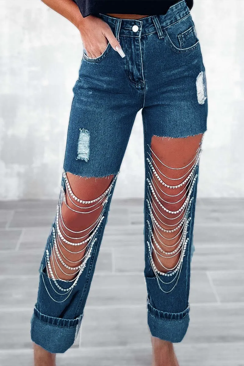 PC026 Rhinestone Fringes Jeans