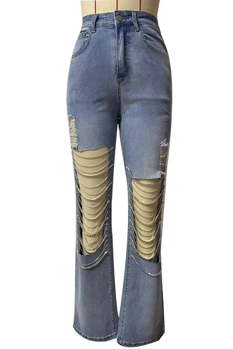 PC026 Rhinestone Fringes Jeans