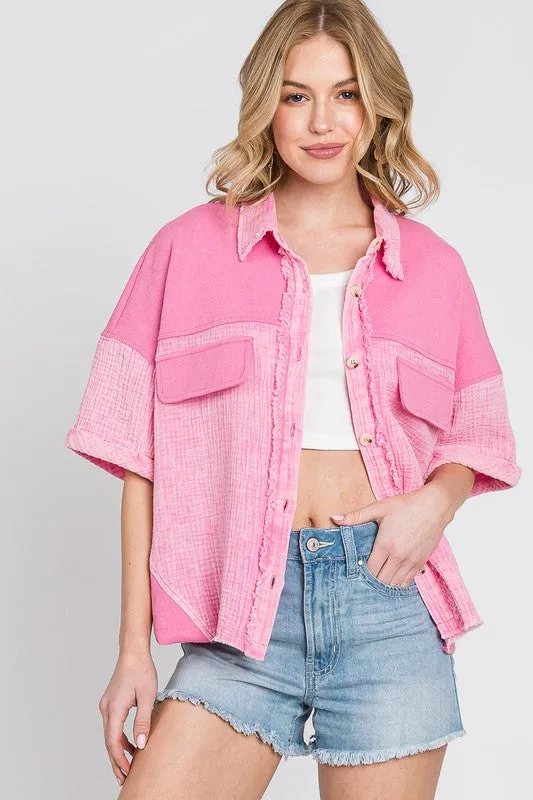 Pink Mineral Wash Button Down Cotton Gauze Top