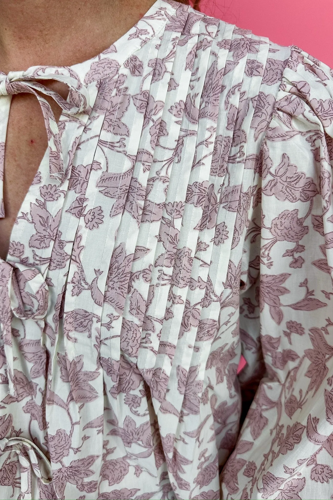 Pleated Front Bow Tie Floral Poplin Top in Rose Pink