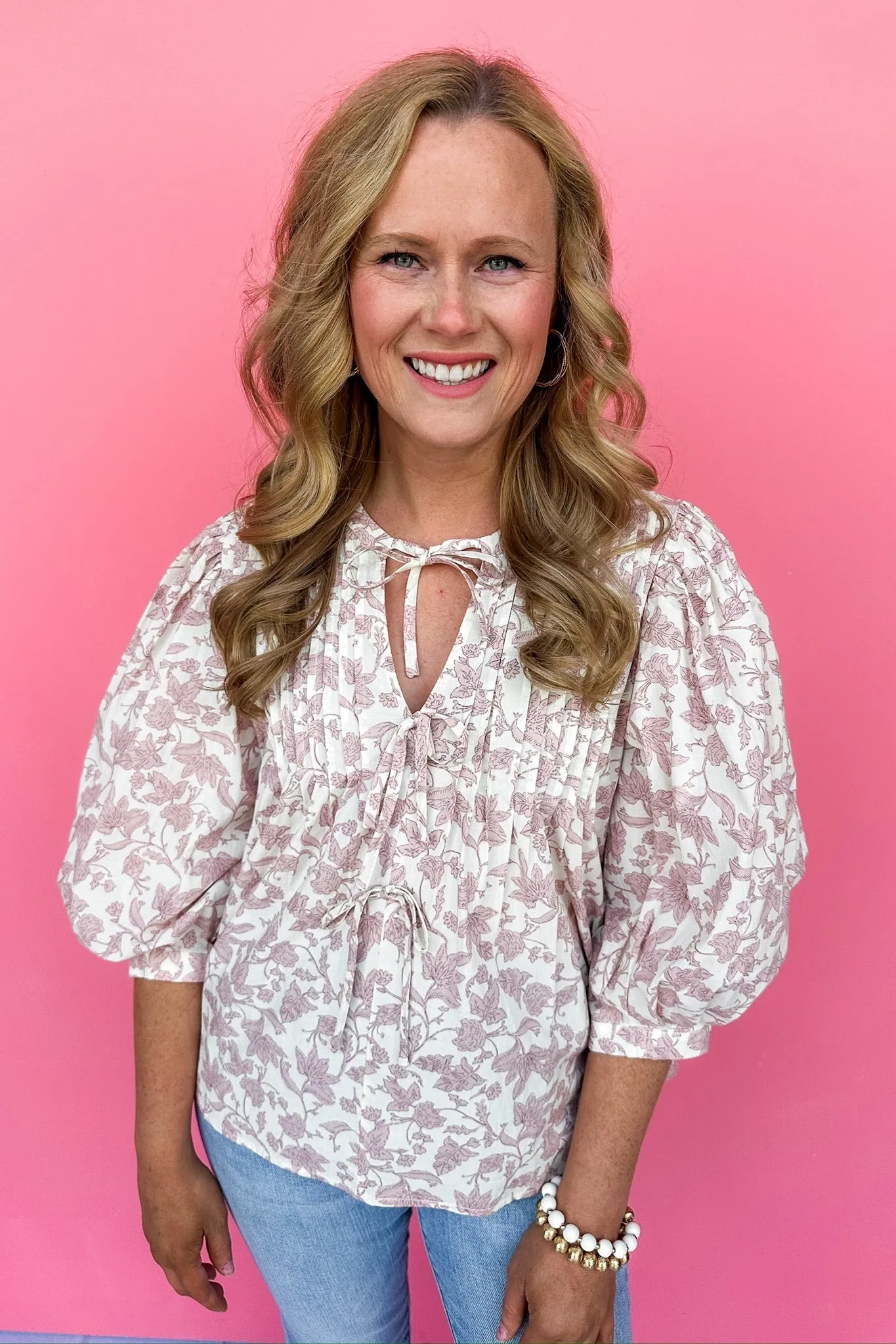 Pleated Front Bow Tie Floral Poplin Top in Rose Pink