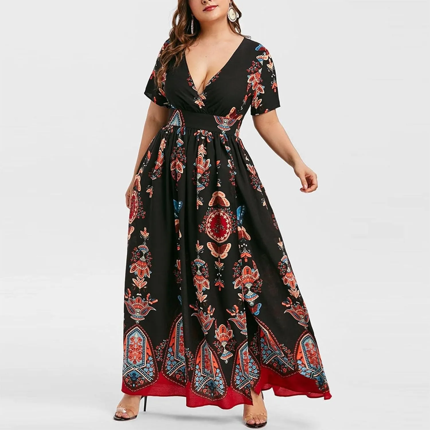 Plus Size Fashion Women Butterfly Printed V-Neck Short Sleeve Casual Long Dress