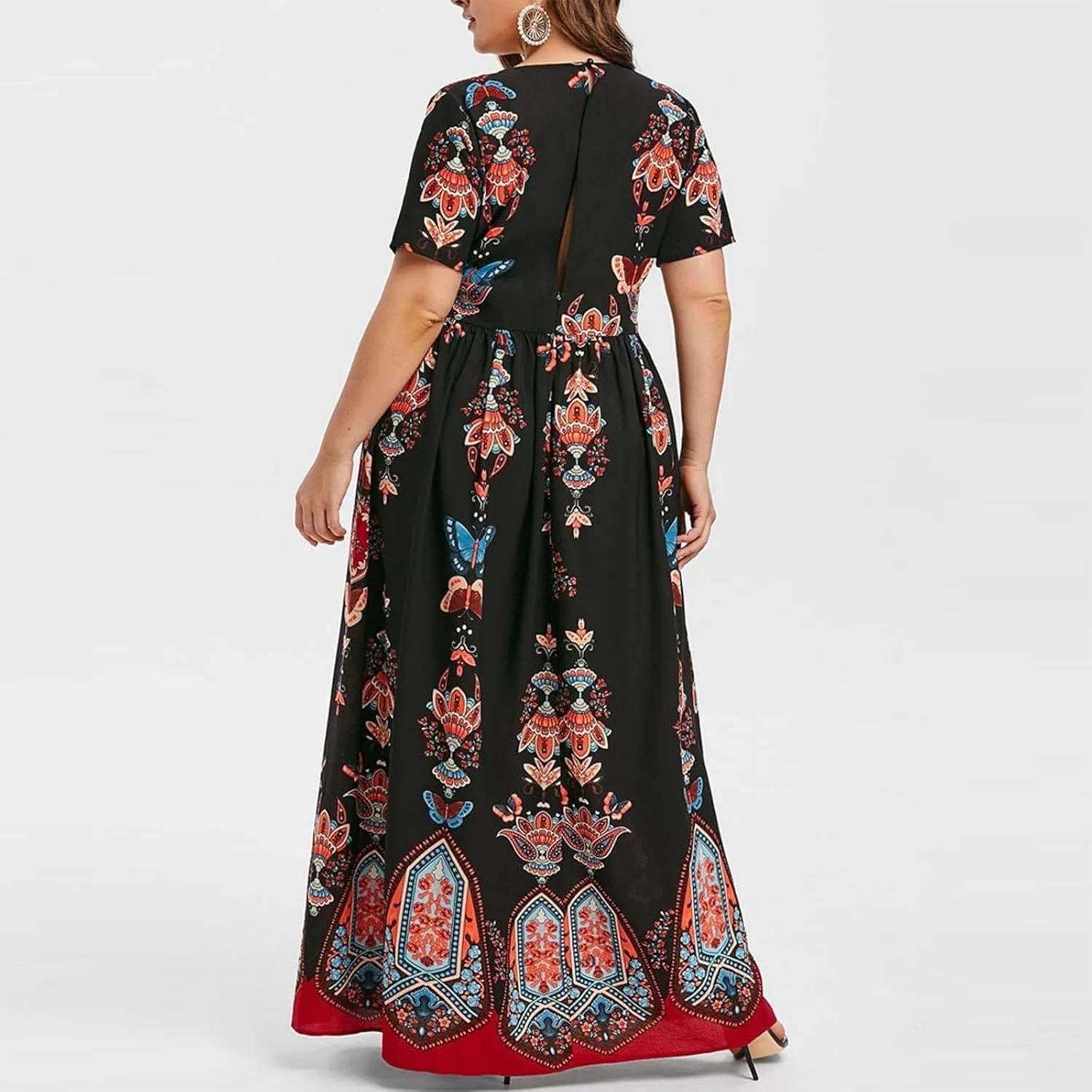 Plus Size Fashion Women Butterfly Printed V-Neck Short Sleeve Casual Long Dress