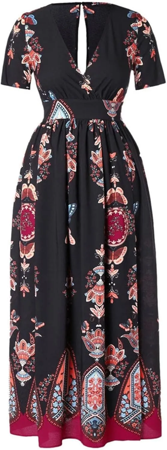 Plus Size Fashion Women Butterfly Printed V-Neck Short Sleeve Casual Long Dress