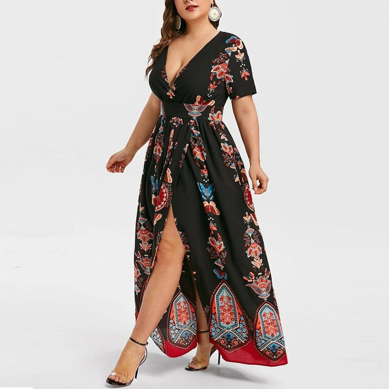 Plus Size Fashion Women Butterfly Printed V-Neck Short Sleeve Casual Long Dress