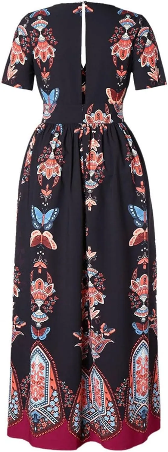 Plus Size Fashion Women Butterfly Printed V-Neck Short Sleeve Casual Long Dress