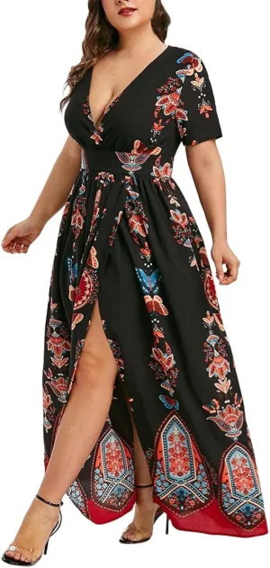 Plus Size Fashion Women Butterfly Printed V-Neck Short Sleeve Casual Long Dress