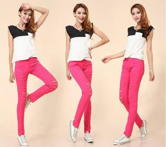 Plus Size Low Waist Holes Straight Slim Pants