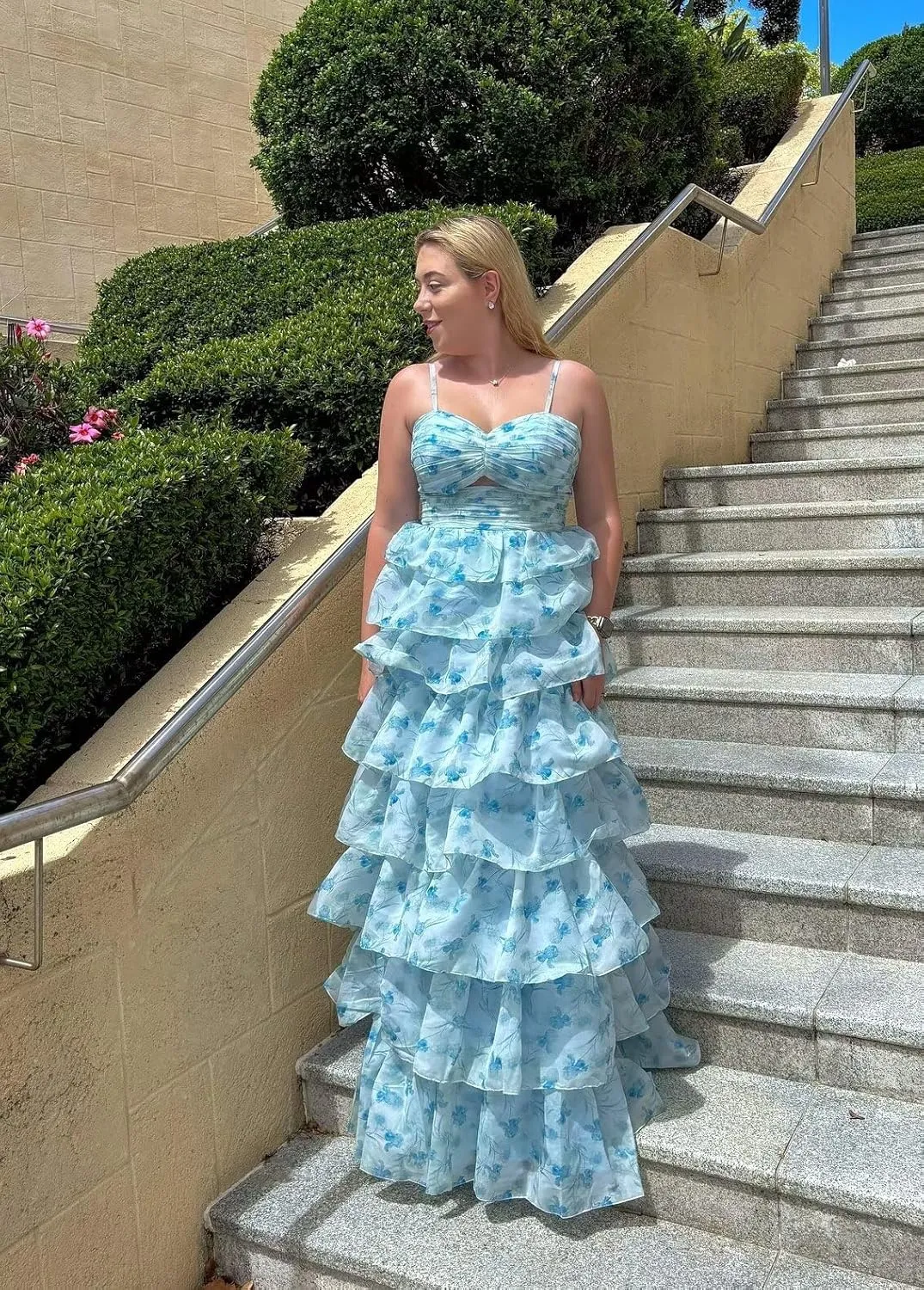 Prom Dresses Tiered Ruffles Floral Print Spaghetti Straps A Line Evening Party Dress Chiffon Party Gowns
