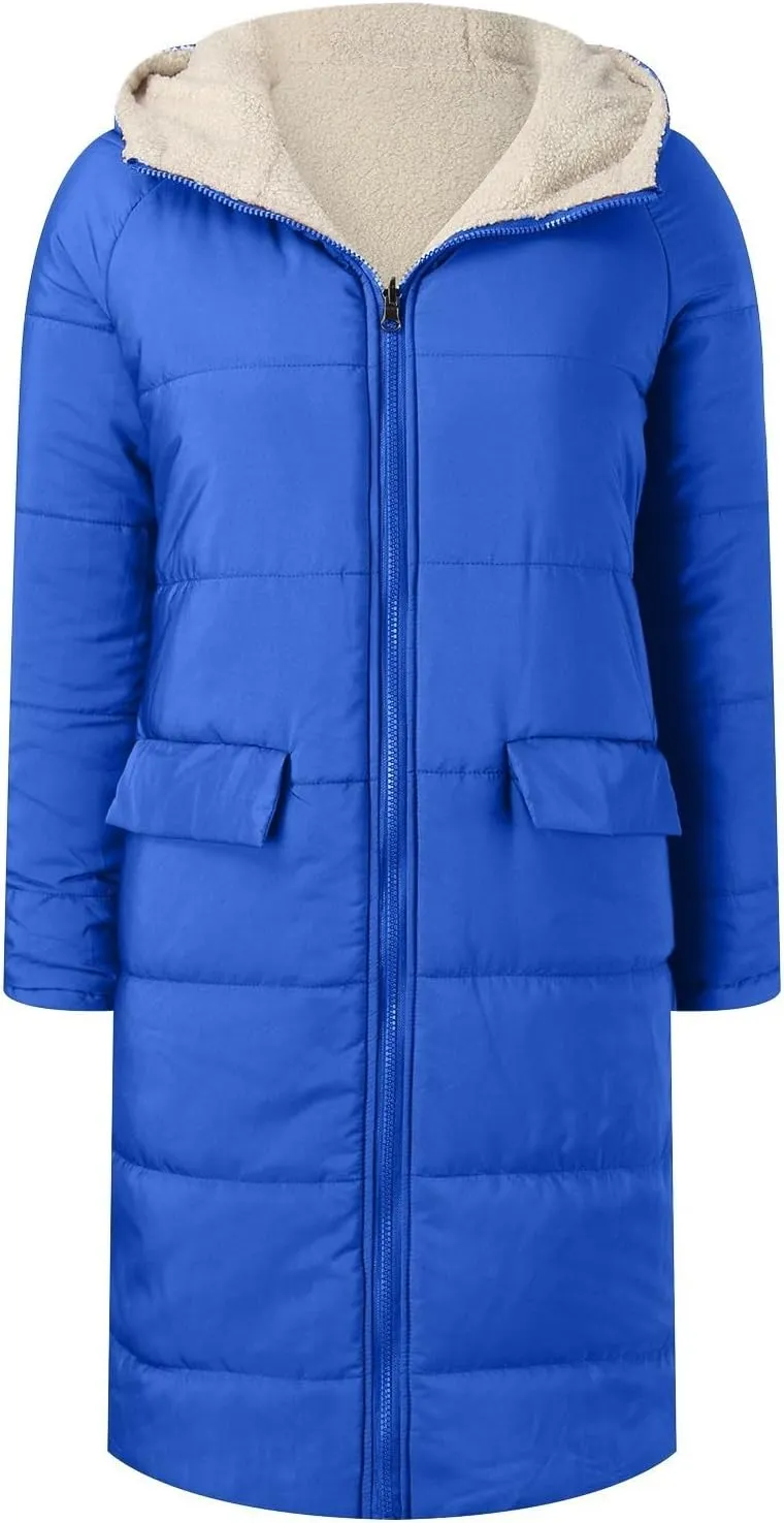 Puffer Coats for Women Winter Warm Fleece Lined Reversible Hooded Down Jackets with Pockets Knee Length Outerwear 2024