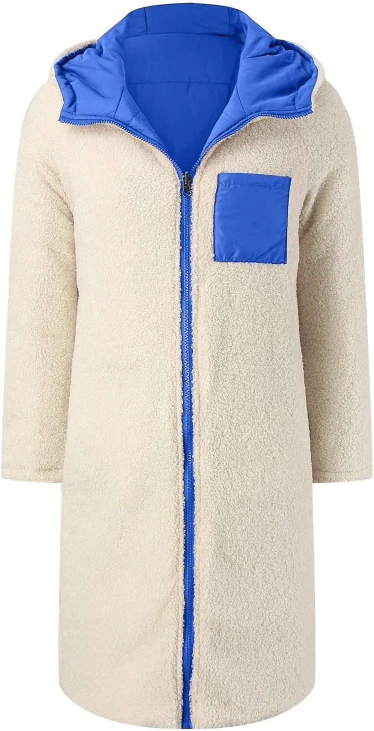 Puffer Coats for Women Winter Warm Fleece Lined Reversible Hooded Down Jackets with Pockets Knee Length Outerwear 2024