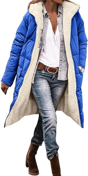 Puffer Coats for Women Winter Warm Fleece Lined Reversible Hooded Down Jackets with Pockets Knee Length Outerwear 2024