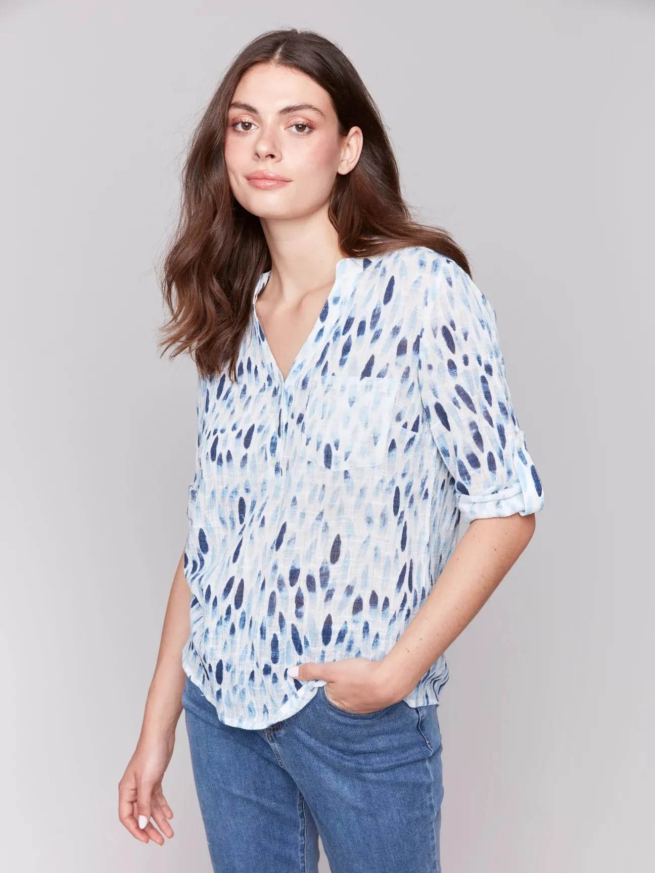 Roll-Up Sleeve Cotton Gauze Blouse