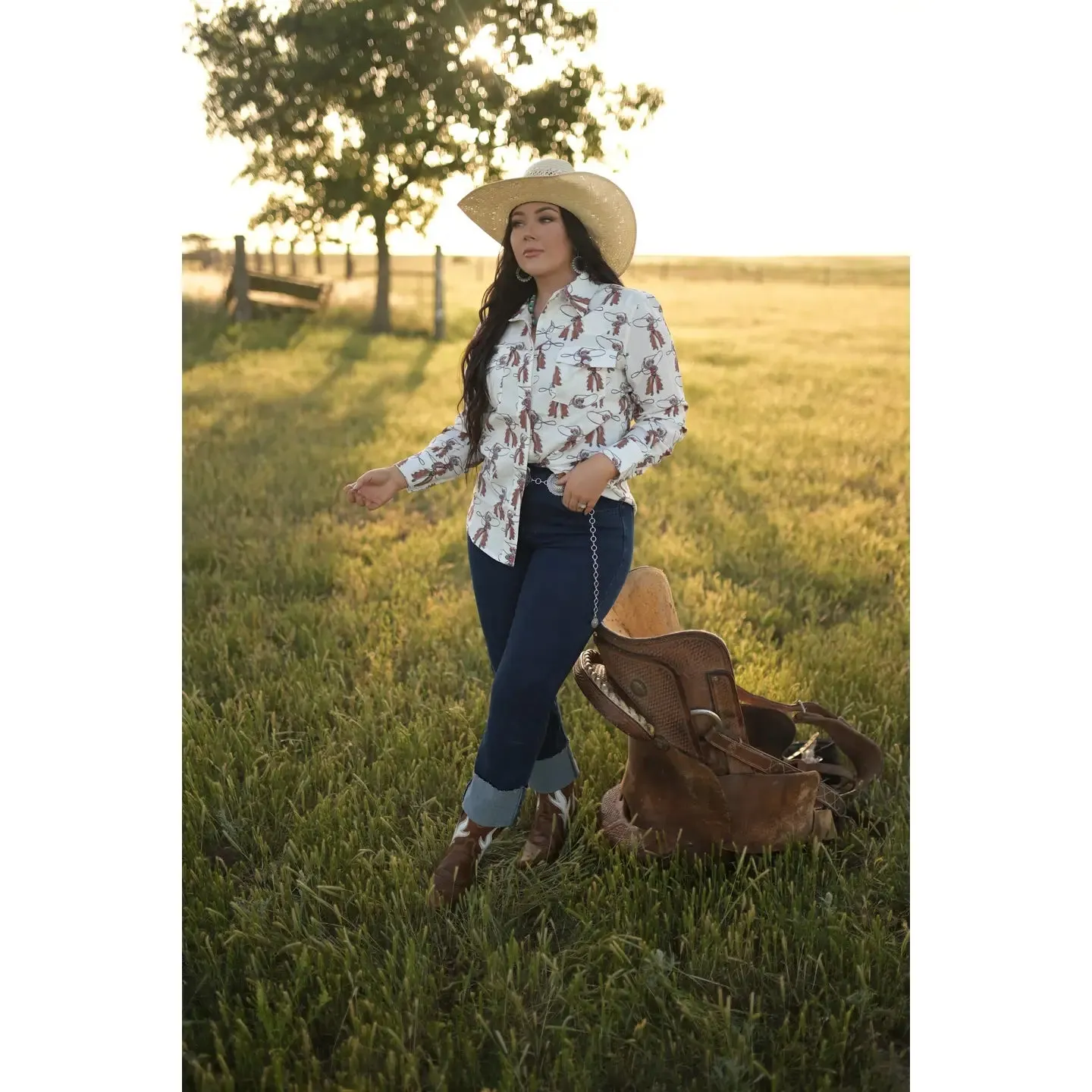 Roping Cowboy Western Pearl Snap Long Sleeve Blouse