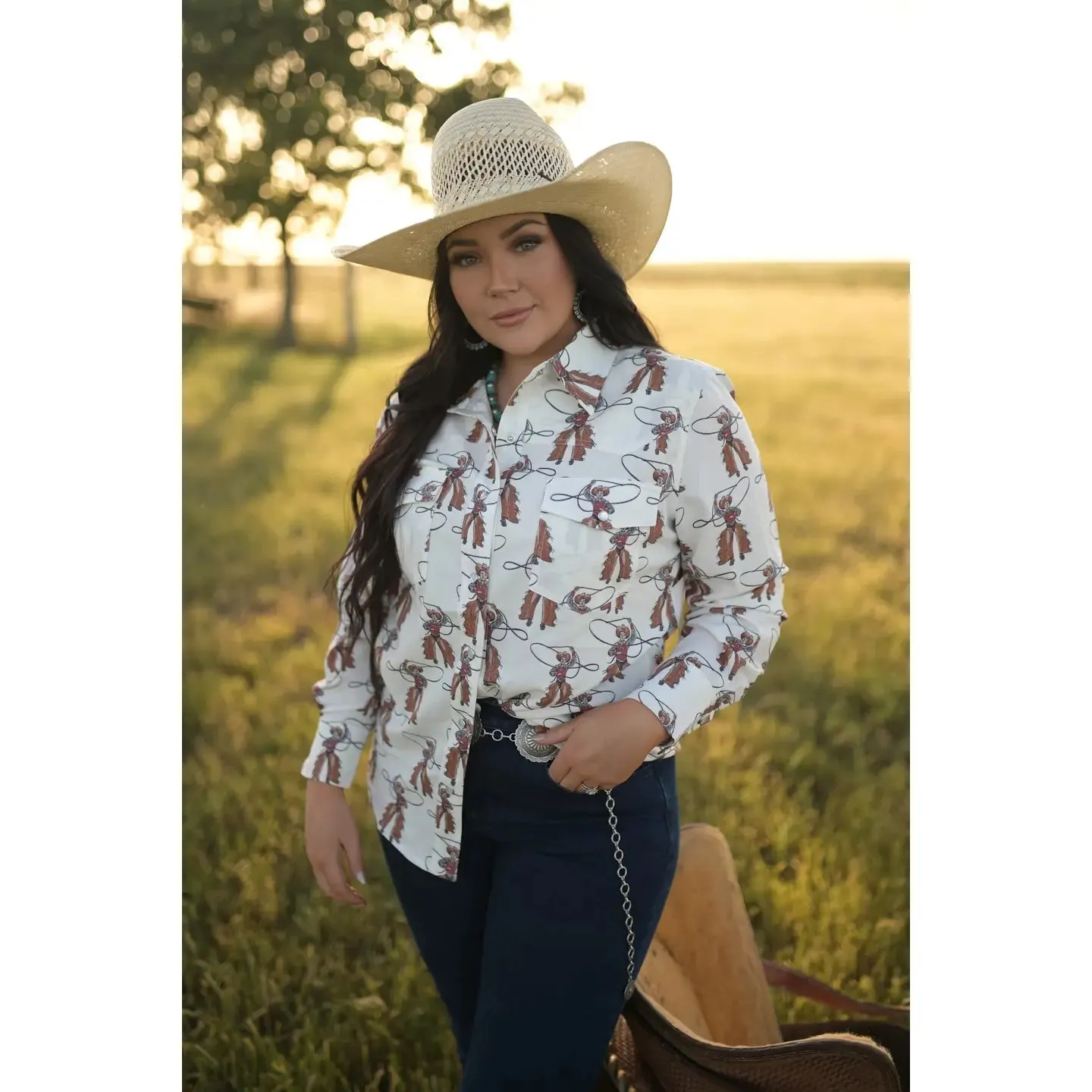 Roping Cowboy Western Pearl Snap Long Sleeve Blouse
