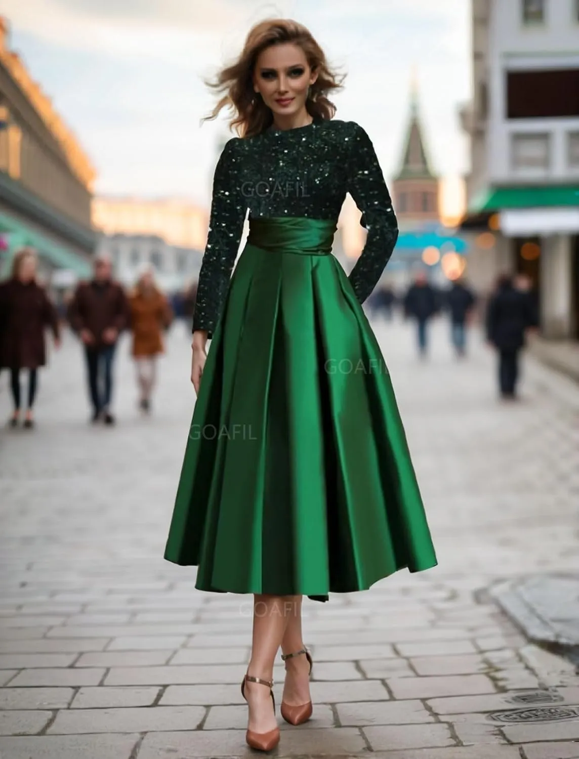 Sequin Long Sleeve Mother of The Bride Dresses for Wedding Tea Length Satin Ball Gown Formal Evening Gowns
