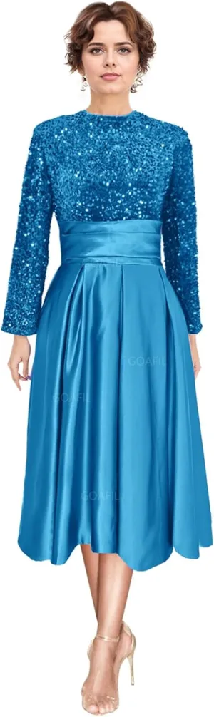 Sequin Long Sleeve Mother of The Bride Dresses for Wedding Tea Length Satin Ball Gown Formal Evening Gowns