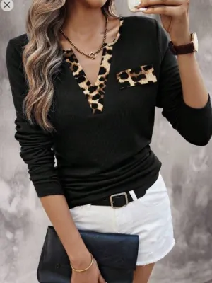 Shein Solid Color Leopard Patchwork Simple Daily Sweetheart Collar T-Shirt, XL  