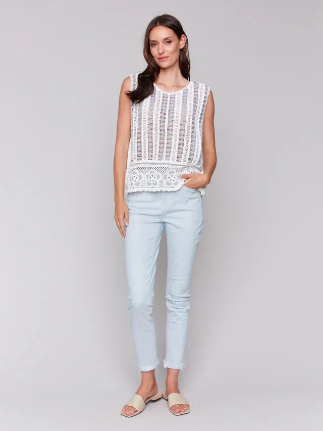 Sleeveless Floral Border Crochet Top - Bluebell
