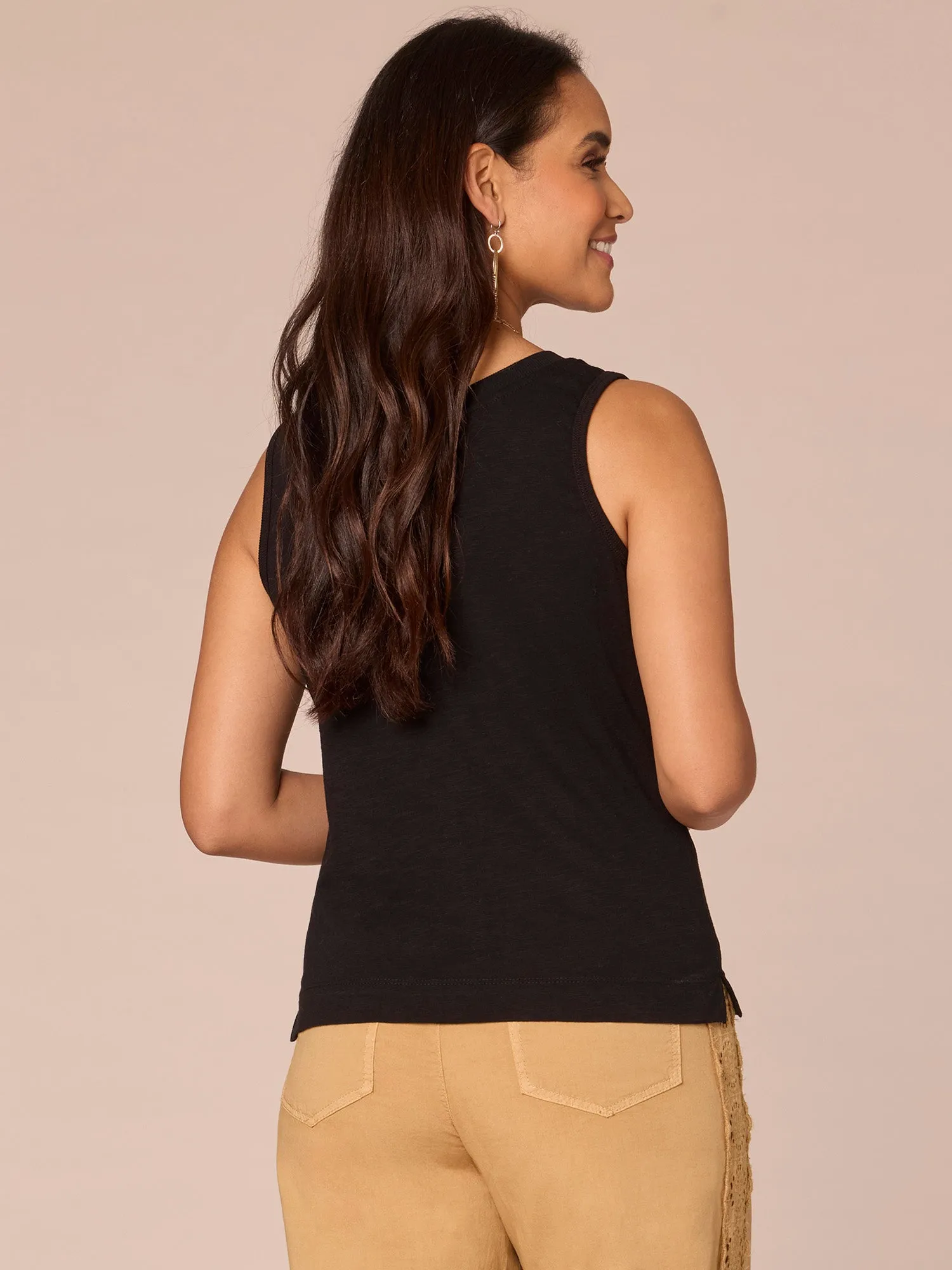 Sleeveless Notched Scoop Neck Slit Hem Plus Size Knit Tank Top