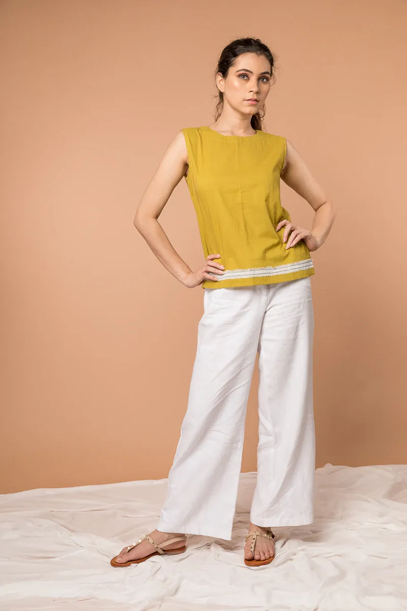 Sleeveless Top with fringes in Ochre Yellow cotton