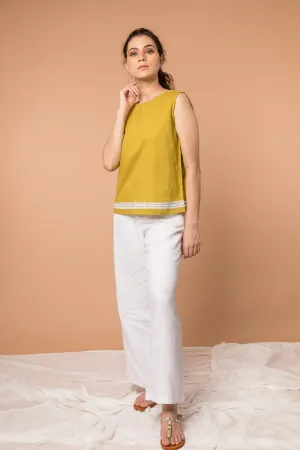 Sleeveless Top with fringes in Ochre Yellow cotton