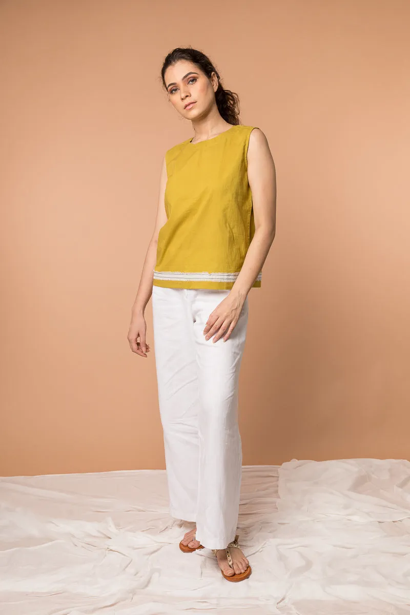 Sleeveless Top with fringes in Ochre Yellow cotton
