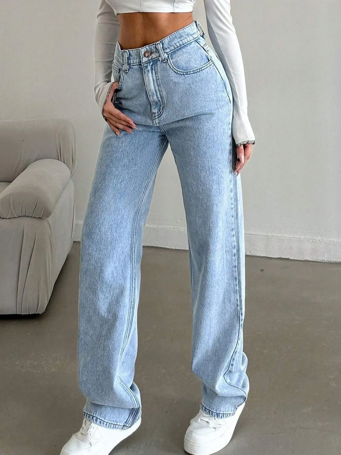 Slim-Fit High-Waisted Straight-Leg Jeans, Loose and Flattering, Ins Style, No Lining
