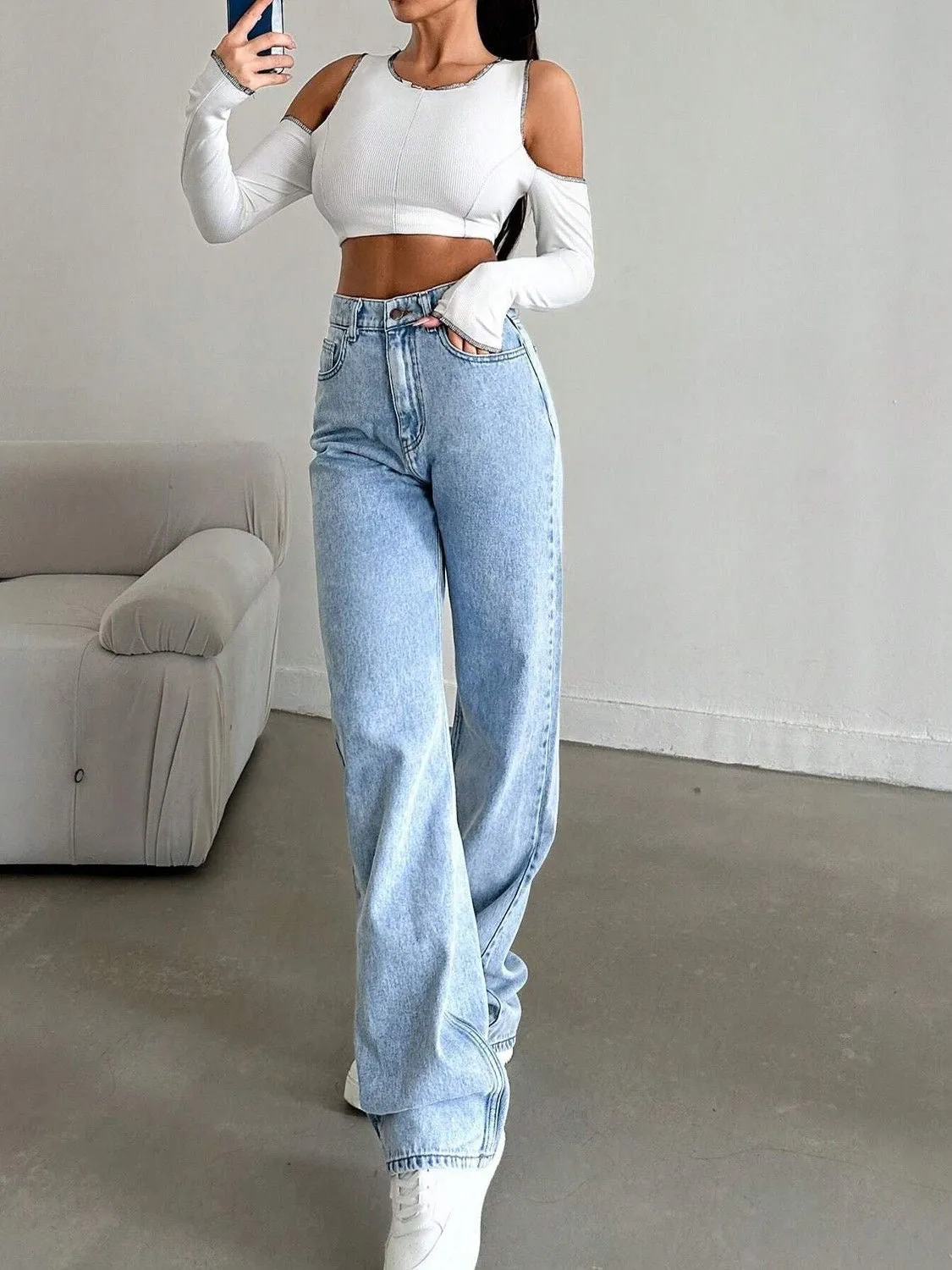 Slim-Fit High-Waisted Straight-Leg Jeans, Loose and Flattering, Ins Style, No Lining
