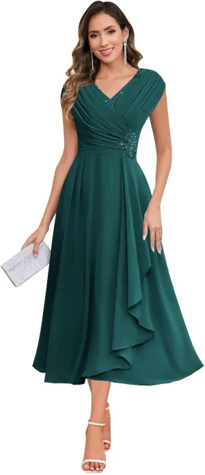 SOLODISH Mother of The Bride Dresses for Wedding Tea Length Chiffon A Line Formal Wedding Guest Party Gown